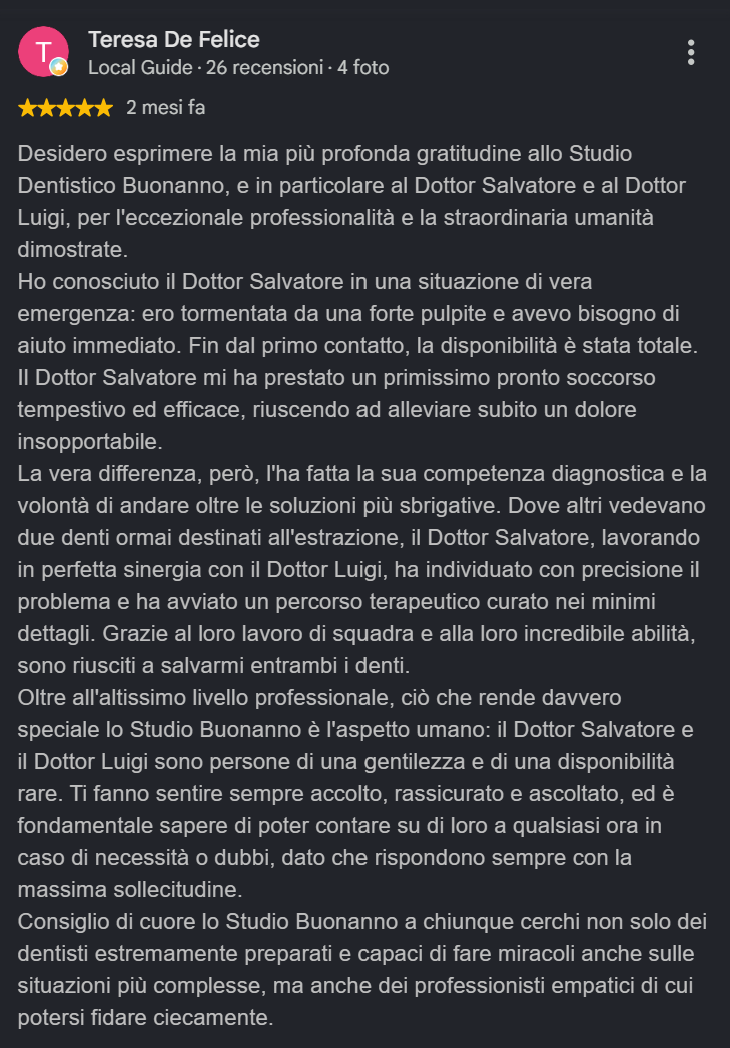 Screenshot della recensione Google di Teresa De Felice sul Centro Odontoiatrico Buonanno: pulpite curata con urgenza