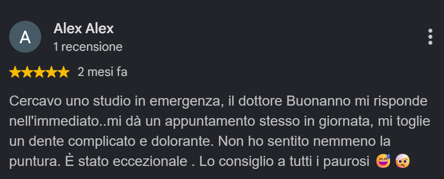 Screenshot della recensione Google di Alex Alex sul Centro Odontoiatrico Buonanno: appuntamento urgente ottenuto in giornata