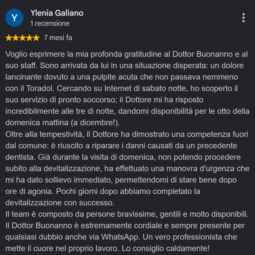 Screenshot della recensione Google di Ylenia Galiano sul Centro Odontoiatrico Buonanno: pulpite acuta e forte mal di denti