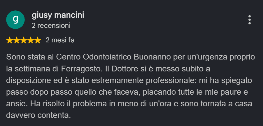 Screenshot della recensione Google di giusy mancini sul Centro Odontoiatrico Buonanno: urgenza dentistica a Ferragosto