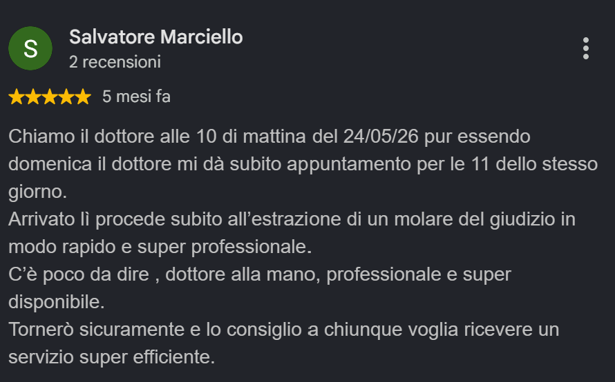 Screenshot della recensione Google di Salvatore Marciello sul Centro Odontoiatrico Buonanno: estrazione del dente del giudizio di domenica